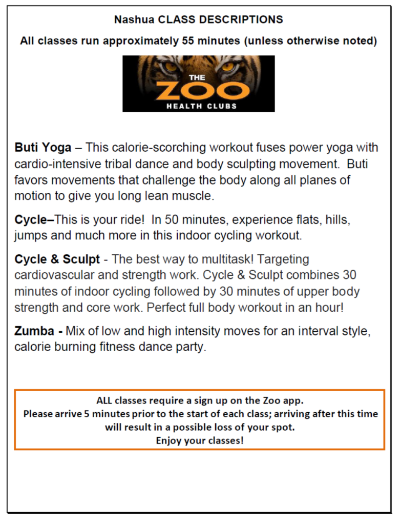 class descriptions nashua Zoo Gym