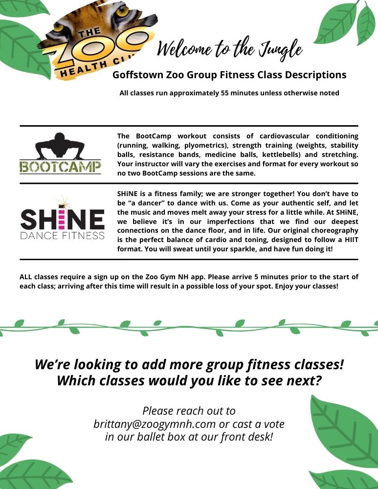 Goffstown Zoo Group Fitness Class Descriptions